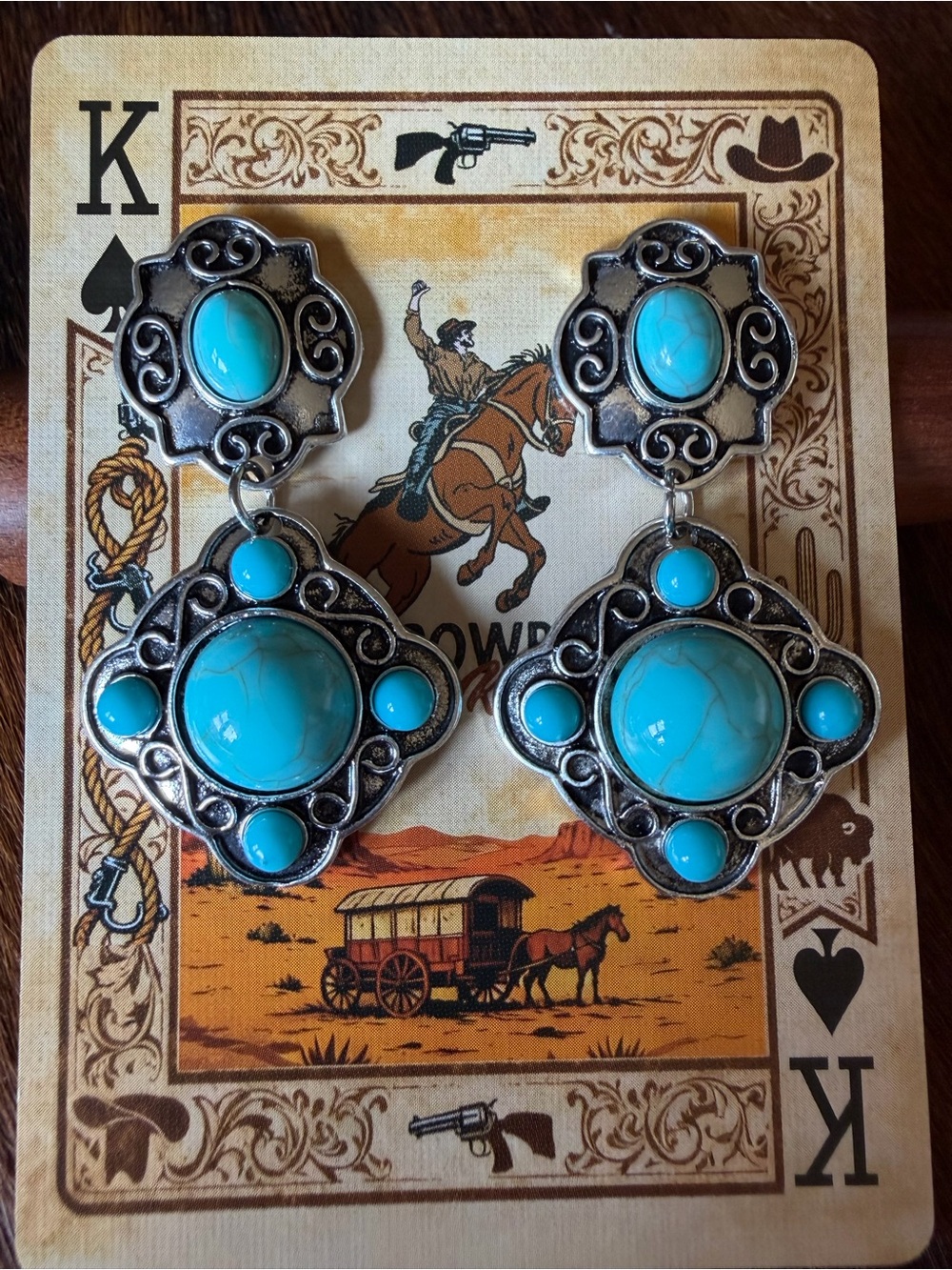 Southwestern Turquoise Silver Tone Statement Dangle Earrings Western Boho NEW
